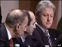 Президент США Билл Клинтон (справа), президент Армении Роберт Кочарян (в центре) и президент Азербайджана Гейдар Алиев (слева)