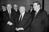 Presidents Heydar Aliyev (left) and Levon Ter-Petrosian (right) with Turkish President Suleyman Demirel in April 1997.